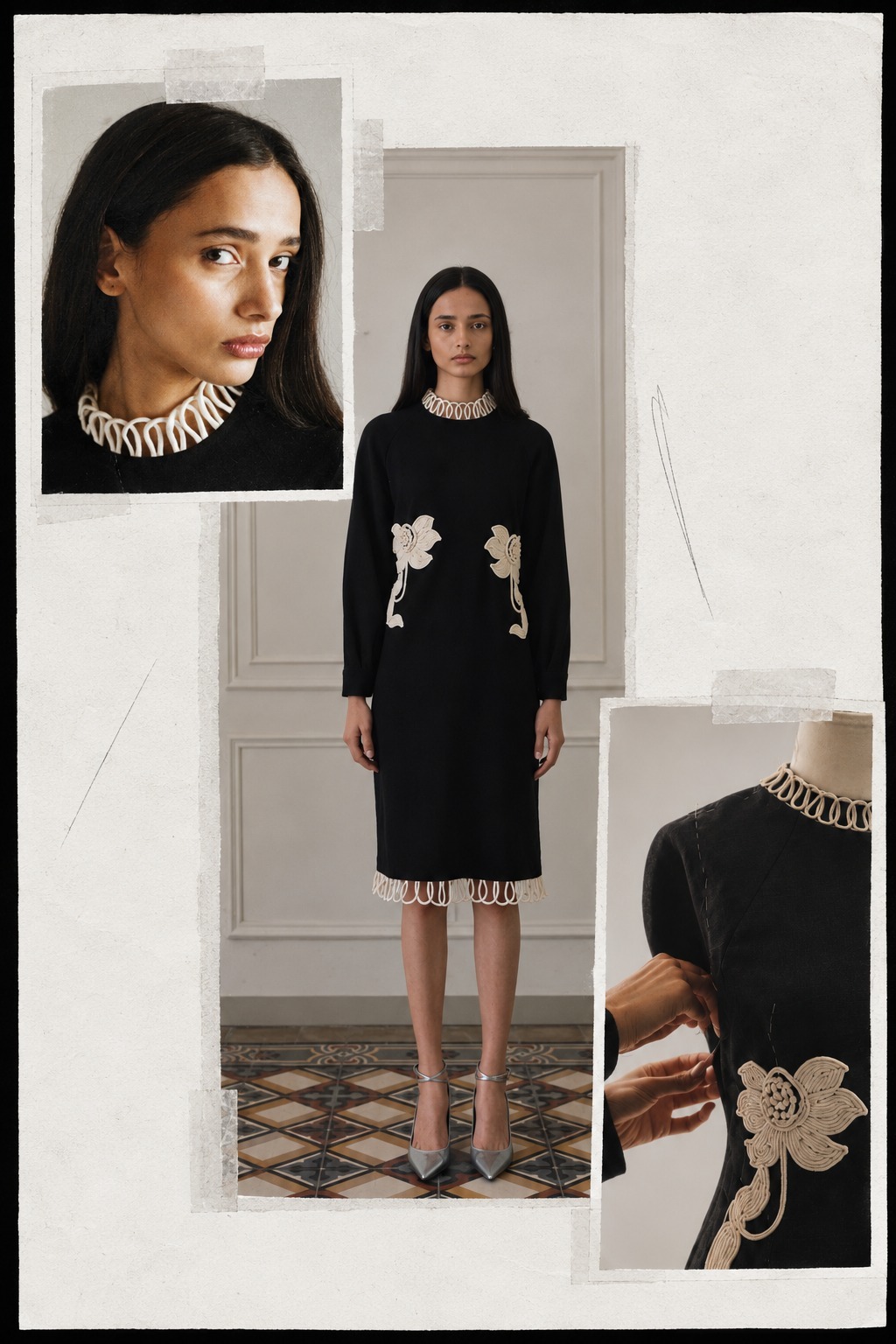 Yutorri black dress with hand-crafted embroidery details
